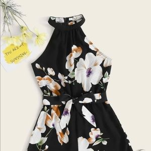 Girls Self Belted Black/floral Printed Halter Romper